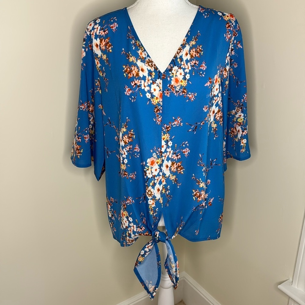 Bluetime Floral Blue V Neck Top with Front Tie. Medium